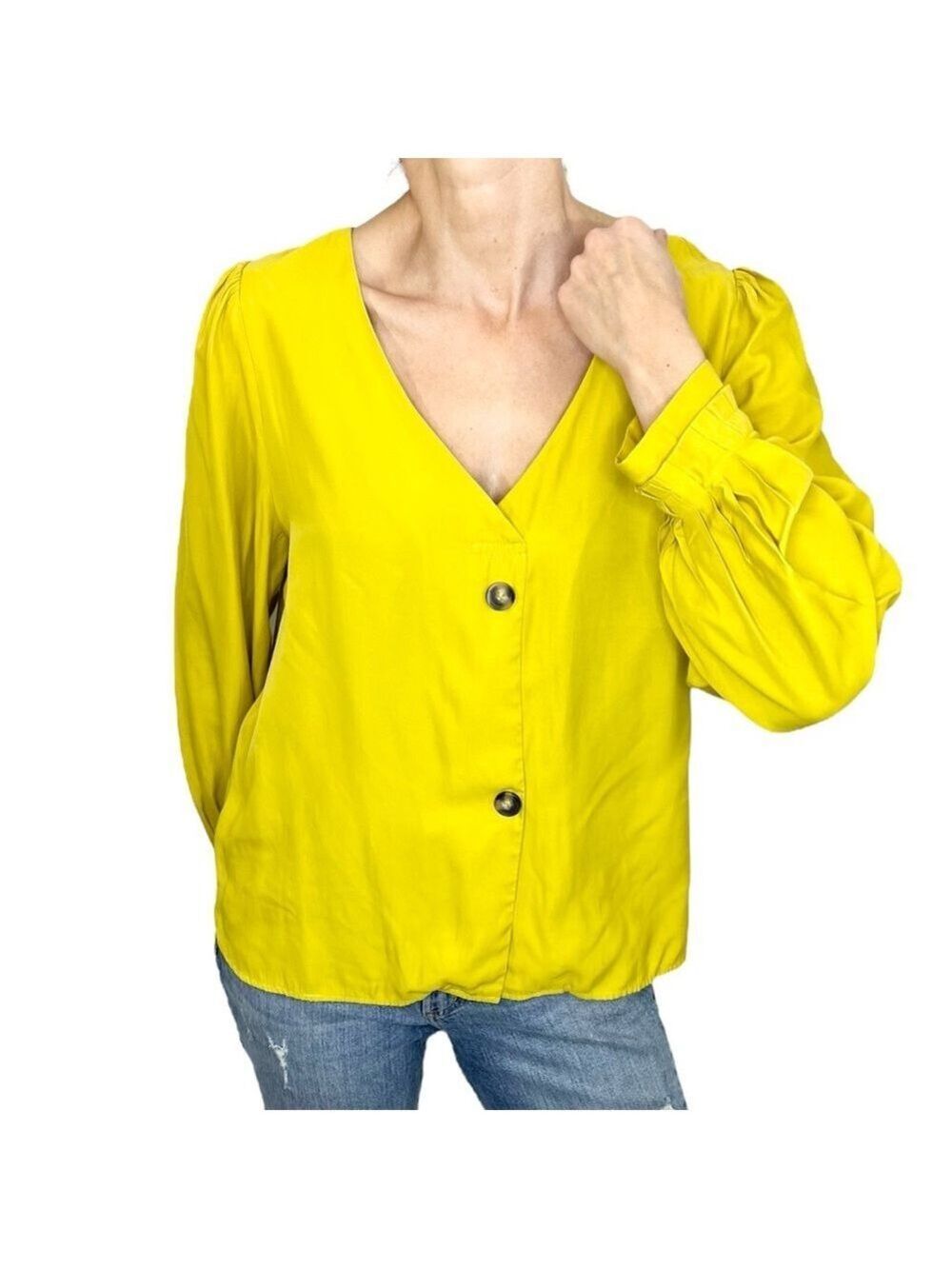 FRNCH Paris old money mustard yellow v neck long sleeve ruffle boxy blouse XL